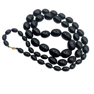 Signed Trifari Necklace Vintage 34" Black Acrylic Bead Graduated Single Strand